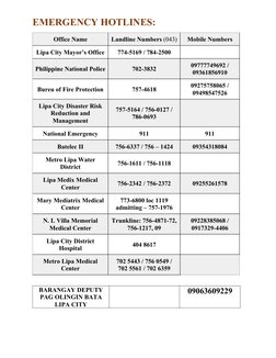 EMERGENCY HOTLINES:
Office Name
Landline Numbers (043)
Mobile Numbers
Lipa City Mayor’s Office
774-5169 / 784-2500
Philippine