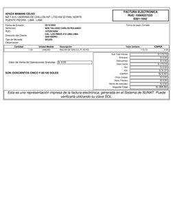 APAZA MAMANI CELSO  
MZ.T A.H. LADERAS DE CHILLON INT. LT33 KM 22 PAN. NORTE  
PUENTE PIEDRA - LIMA - LIMA 
FACTURA ELE