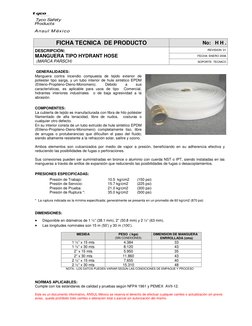 FICHA TECNICA  DE PRODUCTO 
No:   H H .      
DESCRIPCIÓN: 
MANGUERA TIPO HYDRANT HOSE  
 (MARCA PARSCH) 
REVISION: