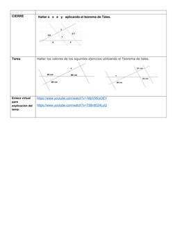 CIERRE 
 Hallar a   x   e   y   aplicando el teorema de Tales.
Tarea 
Hallar los valores de los siguintes ejerccios utilizand