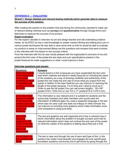 1
CRITERION D — EVALUATING
Strand 1: Design detailed and relevant testing methods,which generate data to measure
the success