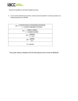 El punto de equilibrio es de 50,8 unidades de venta.
3.
Con los mismos datos del punto anterior, calcule el punto de equilibr