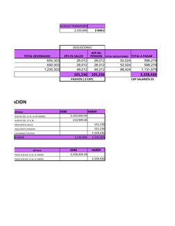 AUXILIO TRANSPORTE
2,320,000
2 SMLV
DEDUCCIONES
TOTAL DEVENGADO
EPS 4% SALUD
TOTAL DEDUCCIONES
TOTAL A PAGAR
650,303
26,012
2