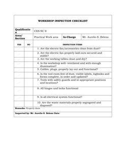 Workshop Checklist.pdf Workshop Inspection Checklist Template | PDF