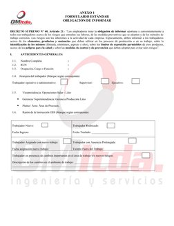 ANEXO 1
FORMULARIO ESTÁNDAR
OBLIGACIÓN DE INFORMAR
DECRETO SUPREMO N° 40, Artículo 21.- “Los empleadores tiene la obligación