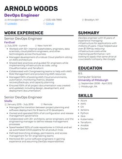 ARNOLD WOODS
DevOps Engineer
Arnow@email.com
(123) 456-7890
Brooklyn, NY
LinkedIn (https://linkedin.com/)
GitHub (https://git