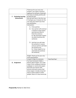 Thank you for your very nice 
answers. Let us give a round of 
applause for everyone. Good job! 
 
 
F. Evaluating Learning