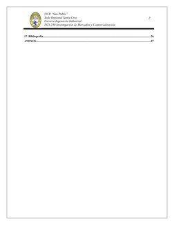 2
UCB “San Pablo”
Sede Regional Santa Cruz
Carrera Ingeniería Industrial
IND-230 Investigación de Mercados y Comercialización