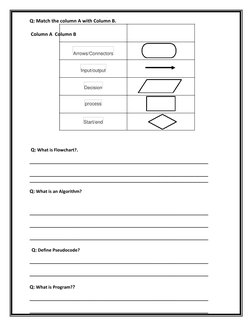 Q: Match the column A with Column B.  
 Column A  Column B  
Arrows/Connectors  
Input/output   
Decision  
 process  
Start/