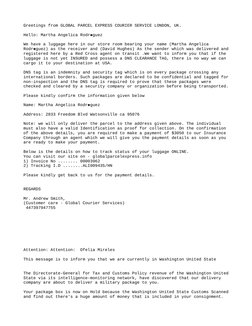 Greetings from GLOBAL PARCEL EXPRESS COURIER SERVICE LONDON, UK.
Hello: Martha Angelica Rodr guez

We have a luggage here in