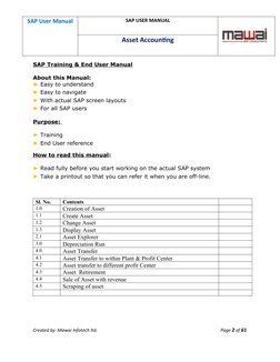 SAP User Manual
SAP USER MANUAL
Asset Accounting 
SAP Training & End User Manual
 
About this Manual: 
► Easy to understand