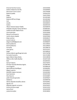 Emanuel Sanchez Cuevas
3141533446
3141644850
Eliel Jocsan Torres Lazaro
3141744286
Roberto padilla
3141812223
Diego
314217543