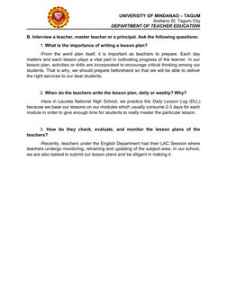 UNIVERSITY OF MINDANAO – TAGUM
Arellano St. Tagum City
DEPARTMENT OF TEACHER EDUCATION
B. Interview a teacher, master teacher