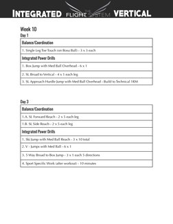 Week 10
Day 1
Balance/Coordination
1. Single Leg Toe Touch (on Bosu Ball) - 3 x 3 each
Integrated Power Drills
1. Box Jump wi