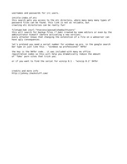 usernames and passwords for irc users. 
intitle:index.of.etc 
this search gets you access to the etc directory, where many ma
