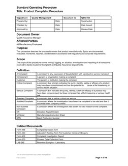 Standard Operating Procedure                                          
Title: Product Complaint Procedure 
__________________