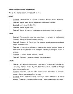 Romeo y Julieta. William Shakespeare 
Principales momentos dramáticos de la acción:
Acto I:    

Escena 1:
 
  Enfrentamient