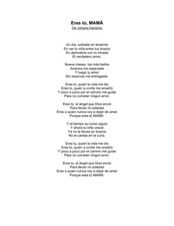 Eres tú, MAMÁ
De Johana Karolina
 
    
Un día, soñaste en tenerme
En ver tu niña entre tus brazos
En demostrar con tu mirada