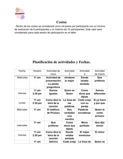 Costos
  Dentro de los costos se considerará cinco mil pesos por participante con un mínimo 
de realización de 6 participante