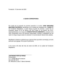 Fundación, 15 de enero de 2020.
A QUIEN CORRESPONDA
Por medio de la presente me permito presentar a la señor  JOSE GREGORIO
M