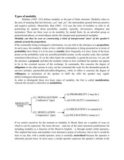 Types of modality
Halliday (1985: 335) defines modality as the part of finite elements. Modality refers to
the area of meanin