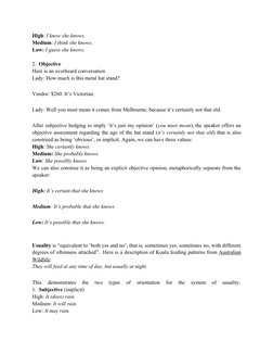 High: I know she knows.
Medium: I think she knows.
Low: I guess she knows.
2.  Objective
Here is an overheard conversation
La