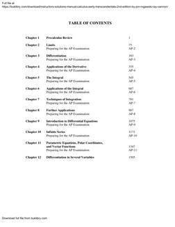 TABLE OF CONTENTS 
 
Chapter 1 
Precalculus Review 
 
 
 
 
 
1 
 
Chapter 2 
Limits  
 
 
 
 
 
 
75 
 
 
Preparing for the