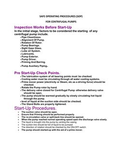 SAFE OPERATING PROCEDURES (SOP)
FOR CENTRIFUGAL PUMPS 
Inspection Works Before Start-Up
In the initial stage, factors to be c