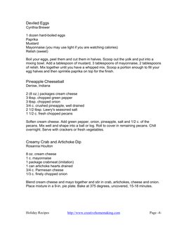 Holiday Recipes  
http://www.creativehomemaking.com  
Page -4- 
 
Deviled Eggs 
Cynthia Brewer 
 
1 dozen hard-boiled eggs 
P