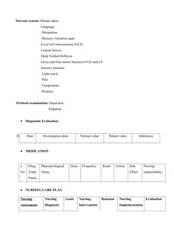 Nervous system: Mental status:
                              Language
             Orientation
             Memory Attention