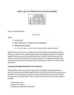 Table 6: 95% Two-Sided Tolerance k Factors (Partial)
For a two-sided tolerance:
Recall the tolerance is 1000 g ±5 g (995 g to