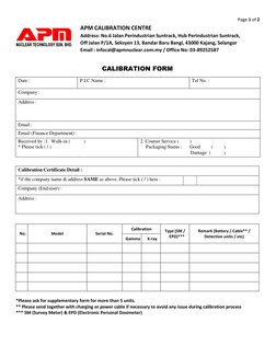 Page 1 of 2 
 
APM CALIBRATION CENTRE 
Address: No.6 Jalan Perindustrian Suntrack, Hub Perindustrian Suntrack, 
Off Jalan P/1