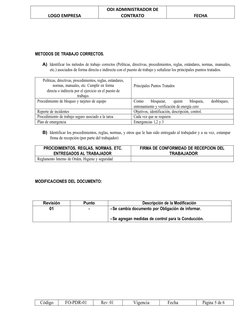 Código
FO-PDR-01
Rev: 01
Vigencia
Fecha
Página 5 de 6
LOGO EMPRESA
ODI ADMINISTRADOR DE
CONTRATO
FECHA
METODOS DE TRABAJO COR