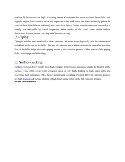product. If the stresses are high, a bursting occurs. Conditions that promote center burst defect are
high die angles, low ex
