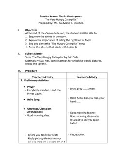 Detailed Lesson Plan in Kindergarten
“The Very Hungry Caterpillar”
Prepared by: Ms. Bea Marie B. Quintino
I.
Objectives
At th