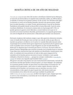 RESEÑA CRITICA DE 100 AÑO DE SOLEDAD
Cien años de soledad es una obra del escritor colombiano Gabriel García Márquez, 
se tra