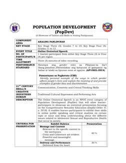 POPULATION DEVELOPMENT 
(PopDev)
(A Showcase of Talents and Skills in Araling Panlipunan)
COMPONENT 
AREA
ARALING PANLIPUNAN