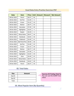 Excel Data Entry Practice Exercises PDF
Date
Item
Price
Unit Amount Discount
Net Amount
28-Oct-2022
Pencil
$0.27 
26
28-Oct-2