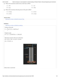 5/2/23, 6:08 AM
Maximum stresses on a pole subjected to combined loadings | CE Board Problem in Structural Engineering and Co