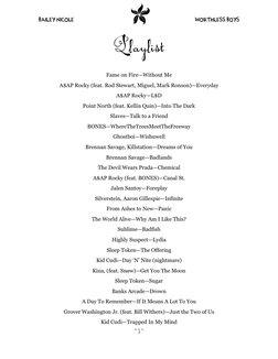 Bailey Nicole
 
Worthless Boys 
 
 
7 
Playlist 
 
Fame on Fire—Without Me 
A$AP Rocky (feat. Rod Stewart, Miguel, Mark Ronso
