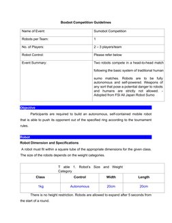 Boxbot Competition Guidelines 
 
Name of Event: 
Sumobot Competition 
Robots per Team: 
1 
No. of Players: 
2 – 3 players/tea