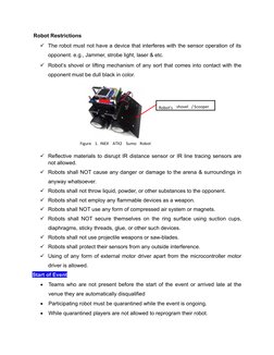 Robot Restrictions  
✓The robot must not have a device that interferes with the sensor operation of its
opponent. e.g., Jamm