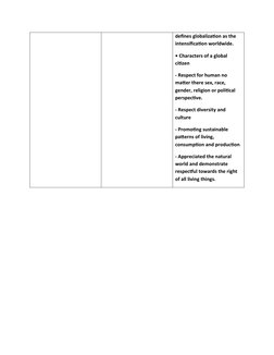 defines globalization as the 
intensification worldwide.
• Characters of a global 
citizen
- Respect for human no 
matter the
