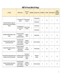 AMEF De Proceso (Matriz De Riesgo)
ACTIVIDAD
MODO DE FALLO
EFECTO DE
FALLA
SEVERIDAD
CAUSA DEL FALLO
OCURRENCIA
CONTROL
DETEC