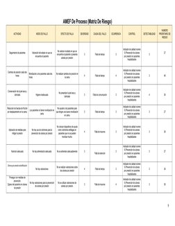AMEF De Proceso (Matriz De Riesgo)
ACTIVIDAD
MODO DE FALLO
EFECTO DE FALLA
SEVERIDAD
CAUSA DEL FALLO
OCURRENCIA
CONTROL
DETEC