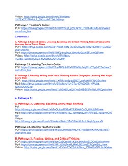 Videos: https://drive.google.com/drive/u/3/folders/
1M7EXZF3TM4uLR_3N0zLdbT72eLfa8bHp
Pathways 1 Teacher's Guide:
PDF: https: