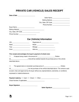 (https://eforms.com/)  
 
Page 1 of 1  
PRIVATE CAR (VEHICLE) SALES RECEIPT 
Date of Sale: _______________________  (https:/