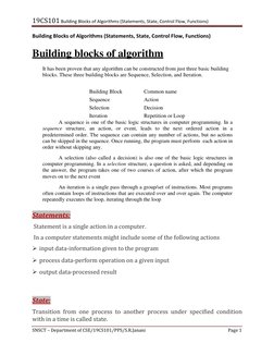 19CS101 Building Blocks of Algorithms (Statements, State, Control Flow, Functions) 
SNSCT – Department of CSE/19CS101/PPS/S.R