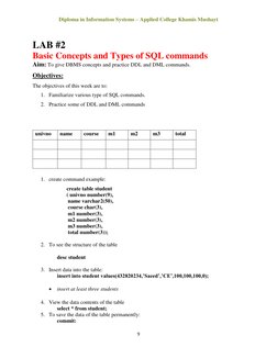 Diploma in Information Systems – Applied College Khamis Mushayt 
9 
 
 
LAB #2 
Basic Concepts and Types of SQL commands 
Aim