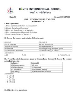 Class: XI                          
                                               Subject: ECONOMICS